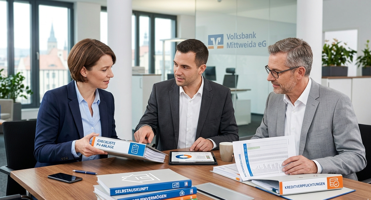 Checklisten Download - Abbildung von 2 Männern und 1 Frau im Bankberatungsraum beim Check der Checklisten